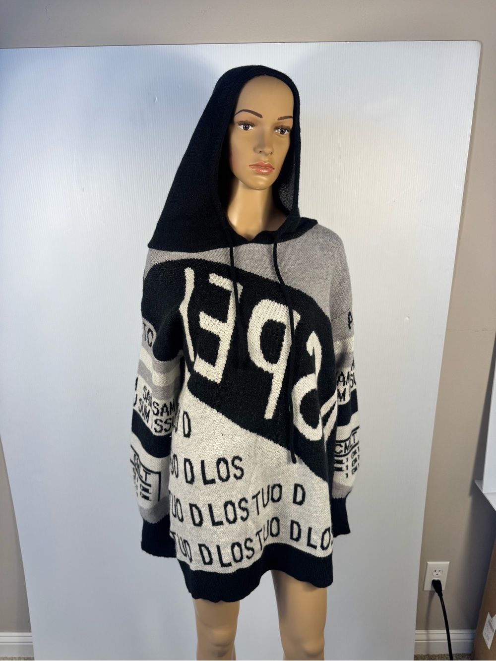 NWT Black Multi Oversized Graphic Hooded Sweater Dress | Soft Knit - Picture 5 of 8